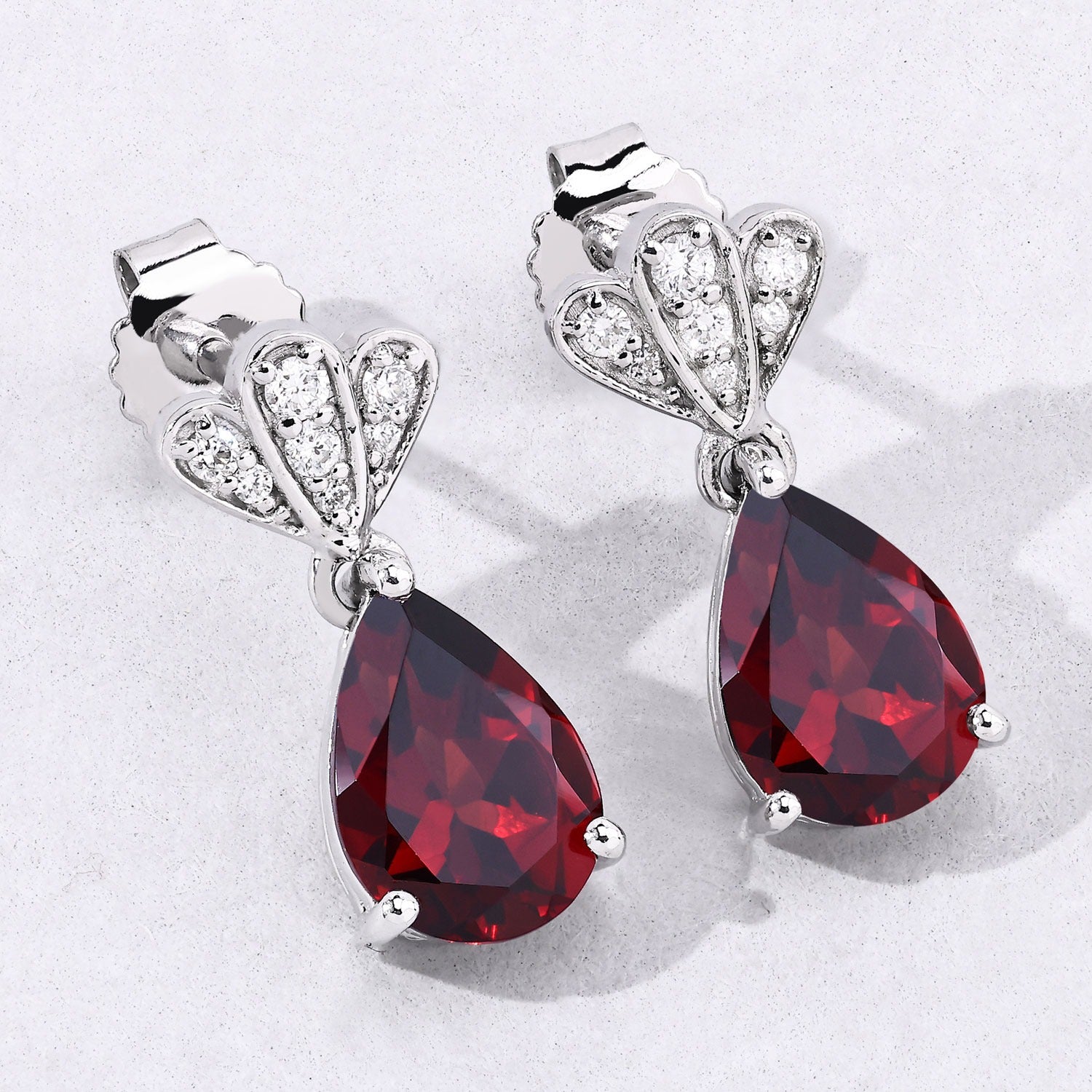 Genuine Mozambique Garnet and Lab Diamond Silver Earrings