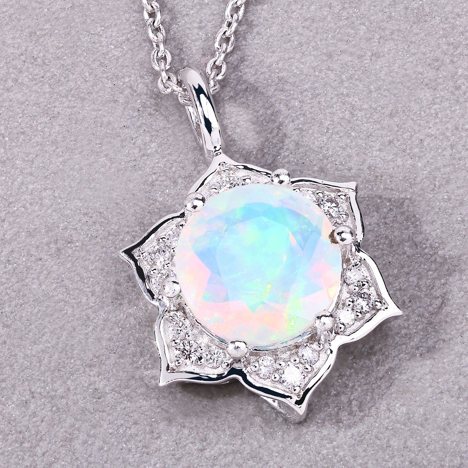 1.03 Ct Genuine Ethiopian Opal and Lab Diamond Silver Star Necklace