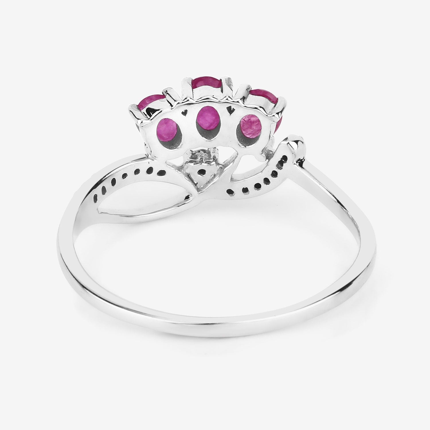 0.66 Ct Oval Pink Ruby & Diamond Prong 14K White Gold Pave Three Stone Knot Ring