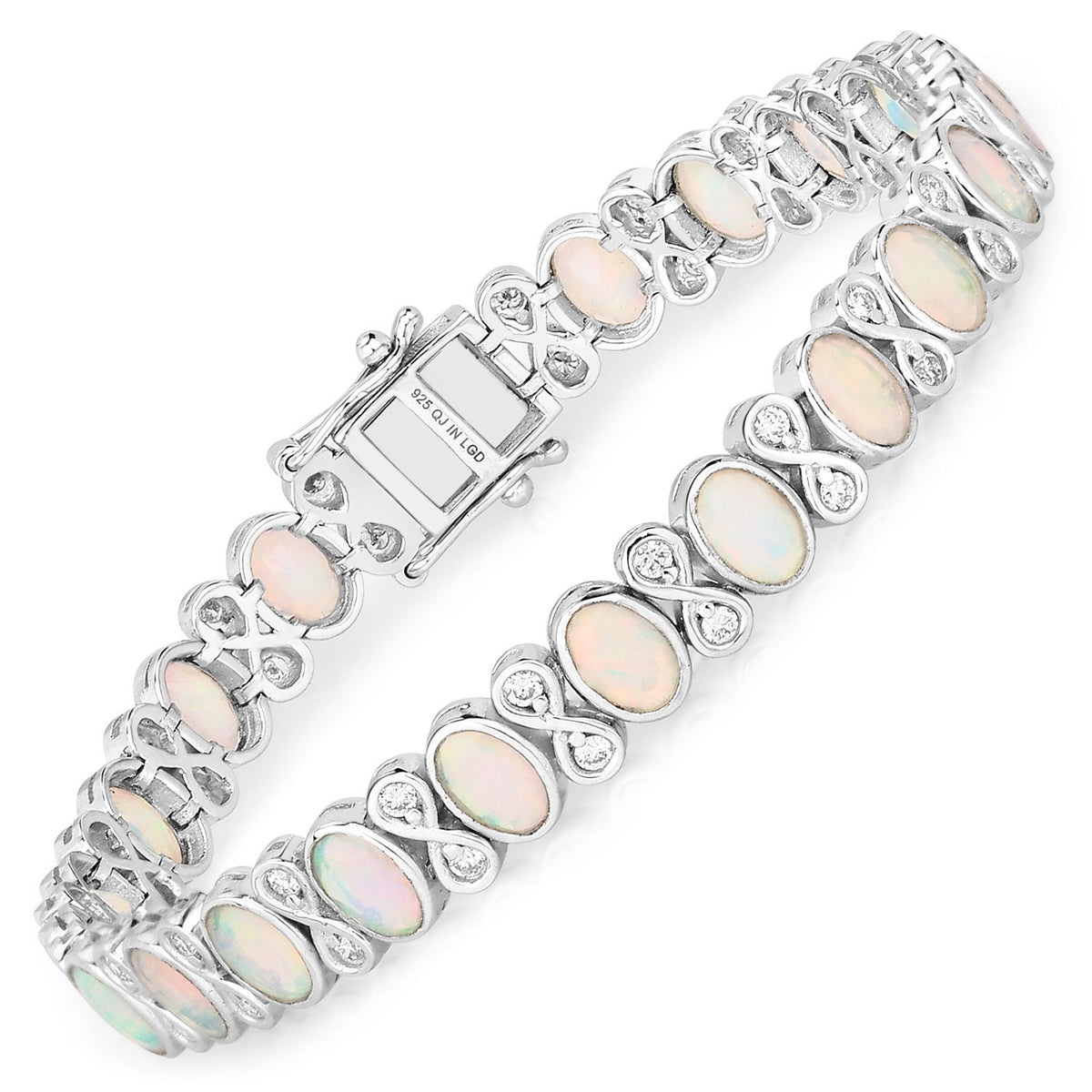 6.25 Cttw Oval White Ethiopian Opal Lab Grown Diamond Sterling Silver Tennis Infinity Bracelet