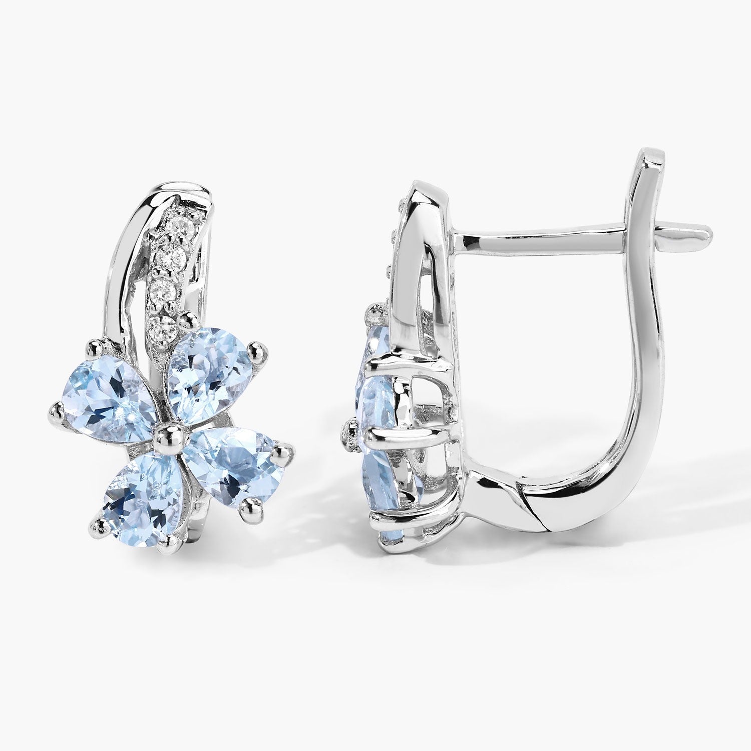 Genuine Blue Aquamarine Lab Diamond Silver Floral Earrings