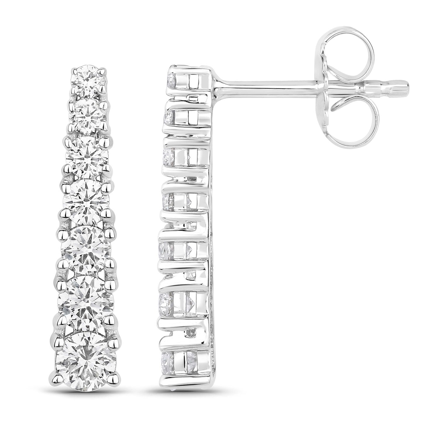 1.00 Cttw Round White Lab Diamond Prong Rhodium Plated Silver Graduated Linear Drop Earrings