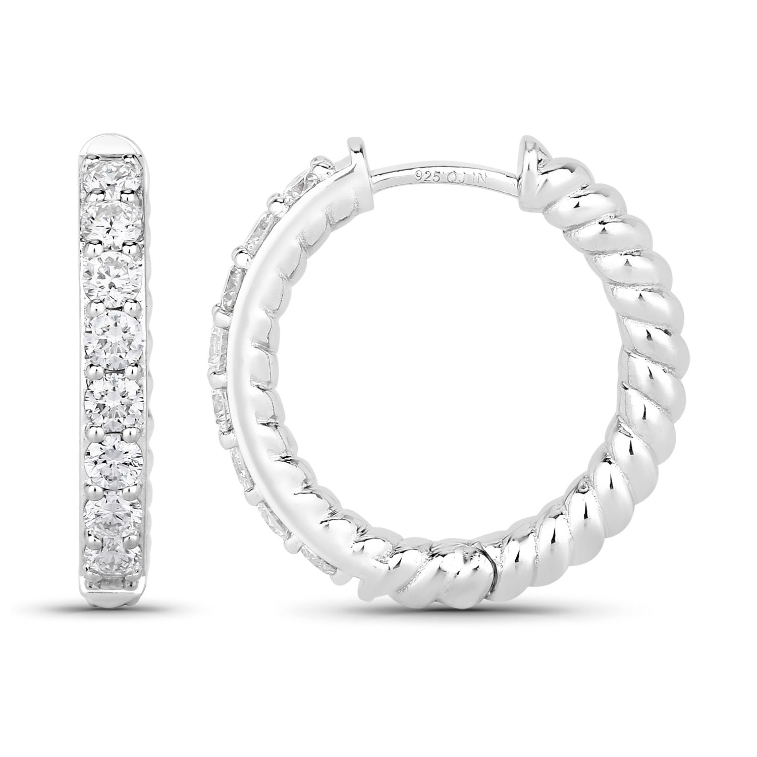 1.00 Cttw Round White Lab Diamond Shared Prong Rhodium Plated Silver Huggie Hoop Clip On Earrings