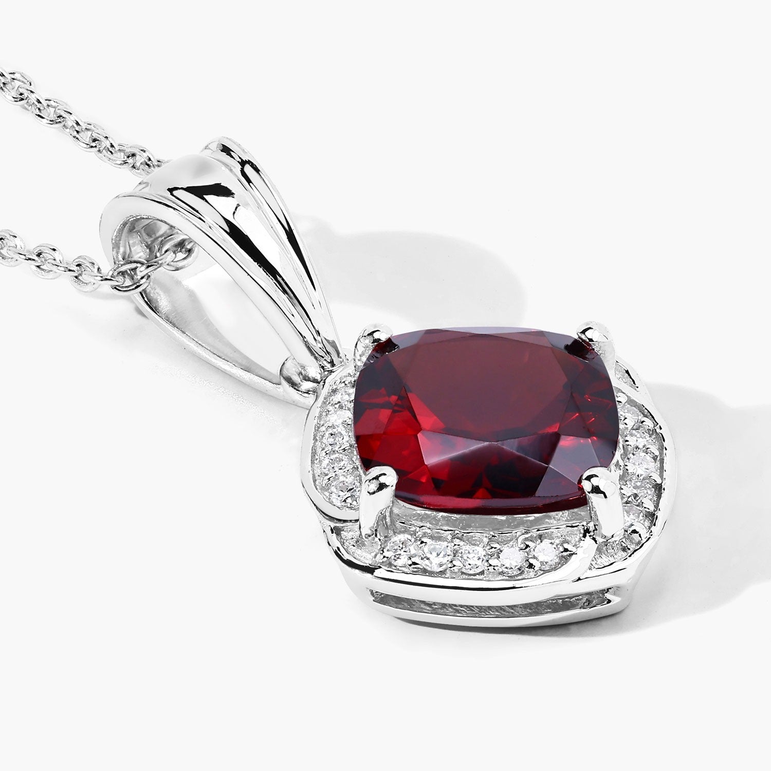 2.45 Ct. Genuine Red Garnet and Lab Diamond Silver Cushion Cut Halo Necklace Fine Color Jewels