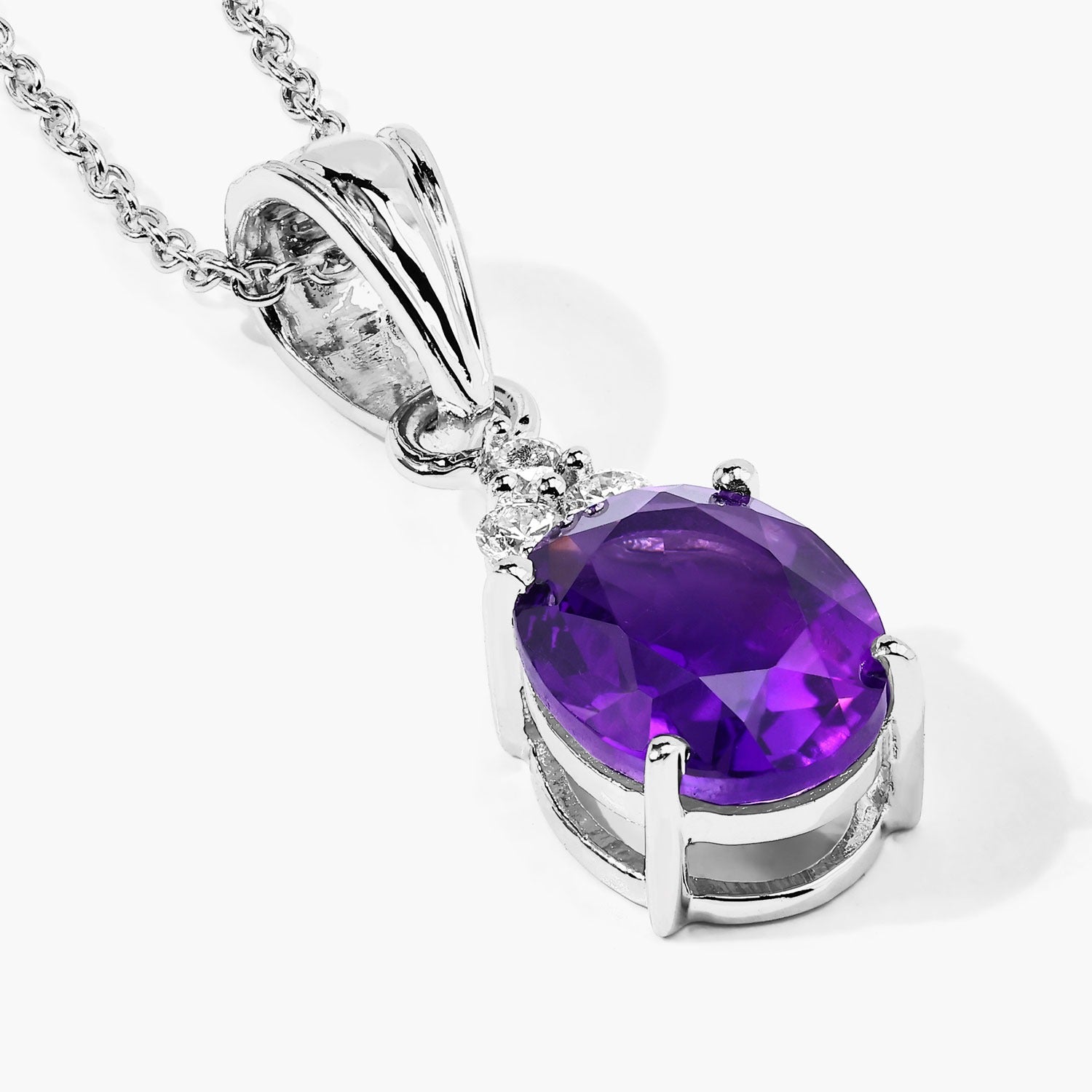 2.32 Ct Genuine Amethyst and Lab Grown Diamond Silver Oval Cocktail Necklace Fine Color Jewels