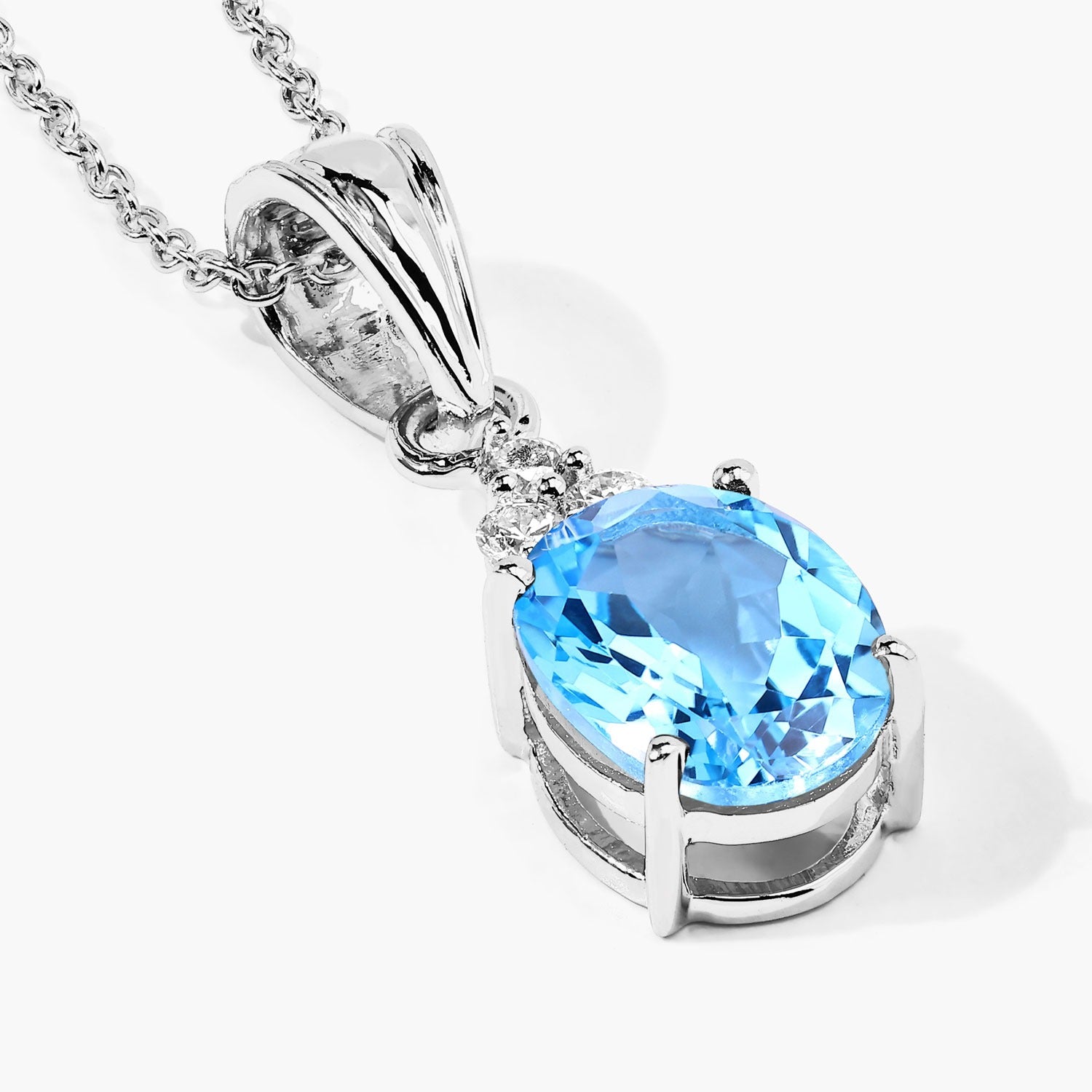 2.67 Ct Genuine Swiss Blue Topaz and Lab Diamond Silver Oval Necklace