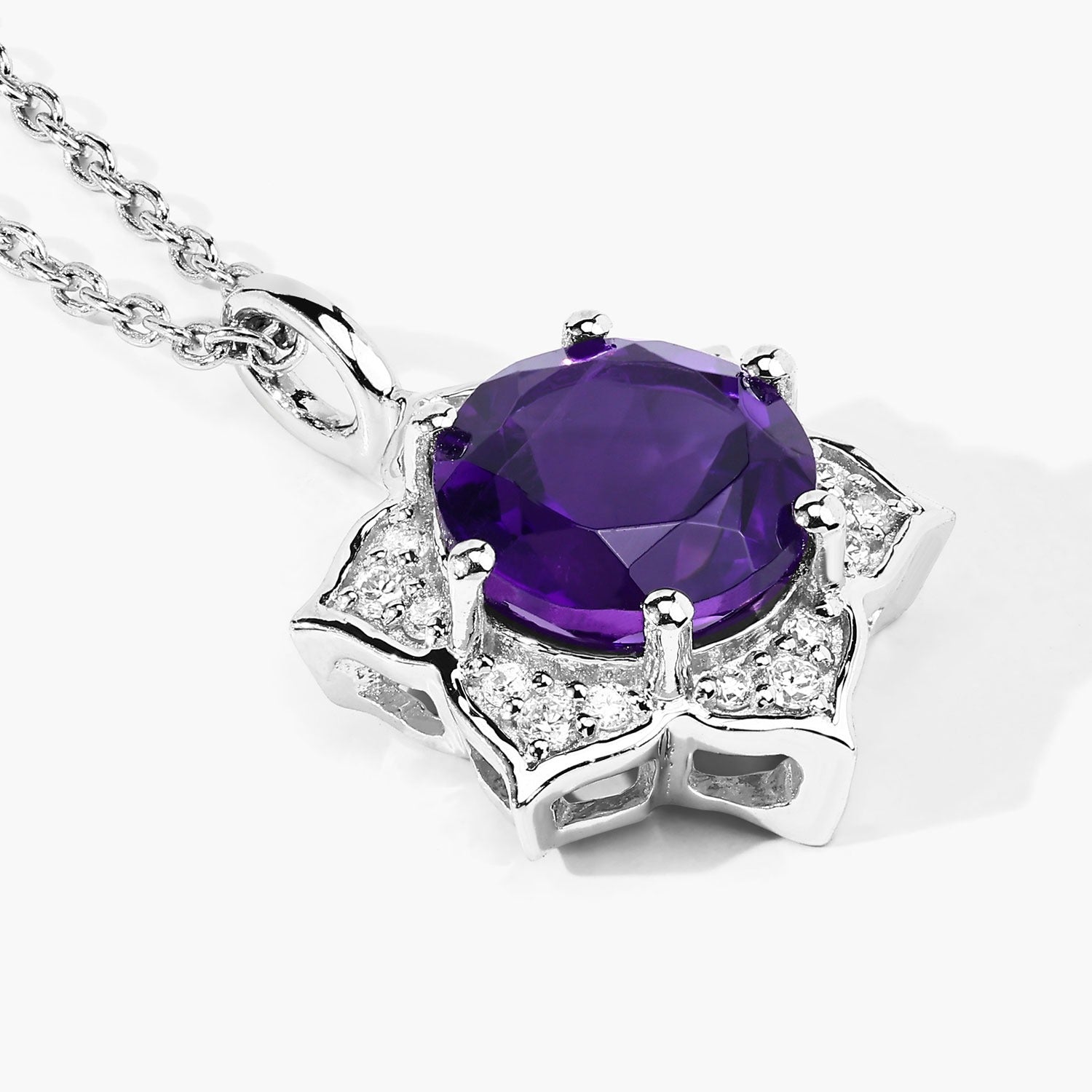 1.93 Ct Genuine Amethyst and Lab Diamond Silver Star Necklace