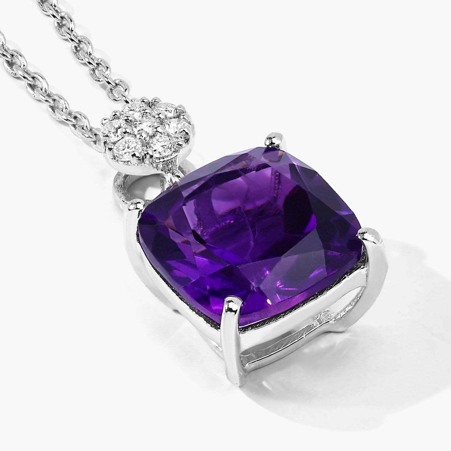 2.67 Ct Genuine Purple Amethyst and Lab Diamond Silver Cushion Necklace