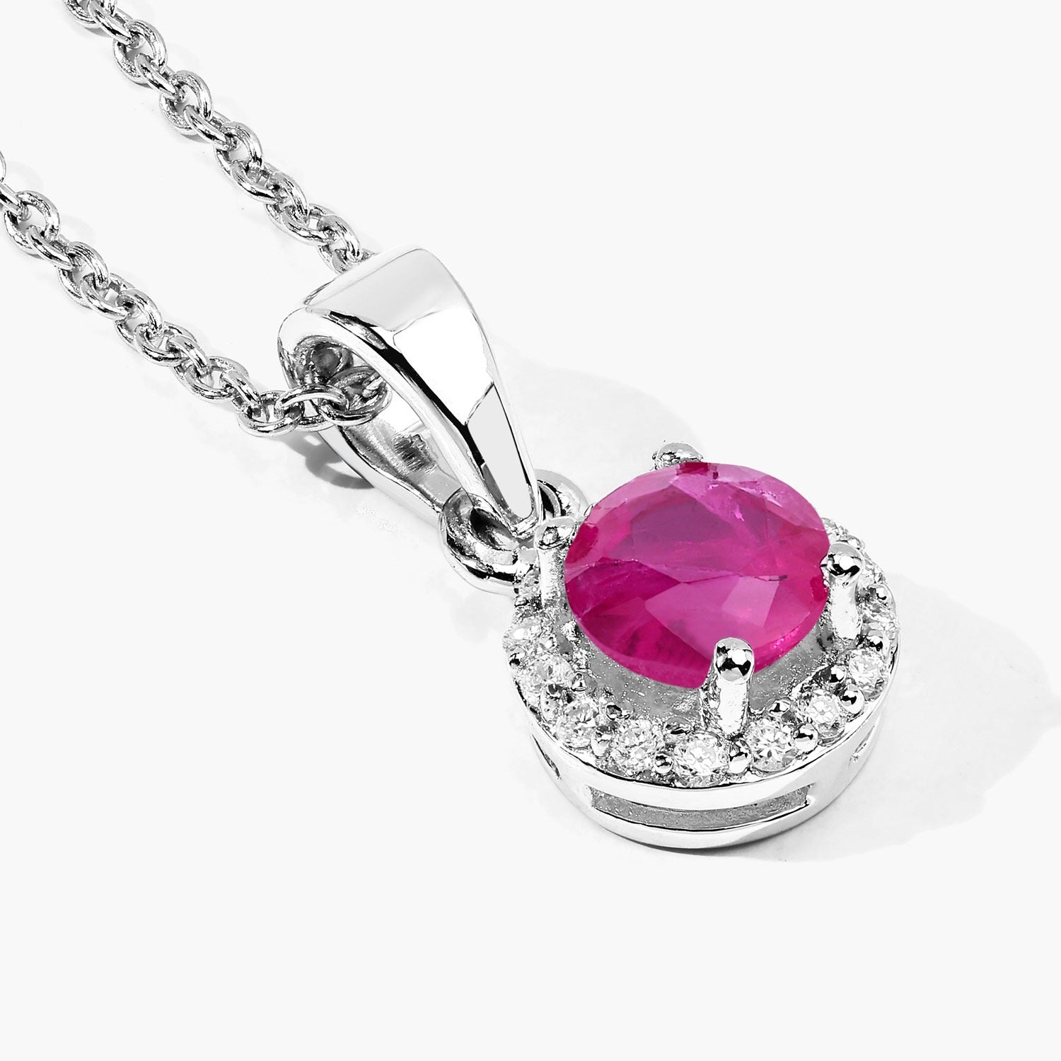 0.65 Ct Genuine Mozambique Ruby and Lab Diamond Silver Round Necklace