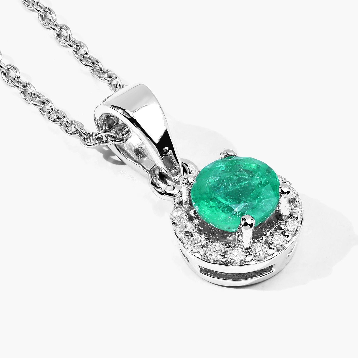 0.52 Ct Genuine Zambian Emerald and Lab Diamond Silver Round Necklace
