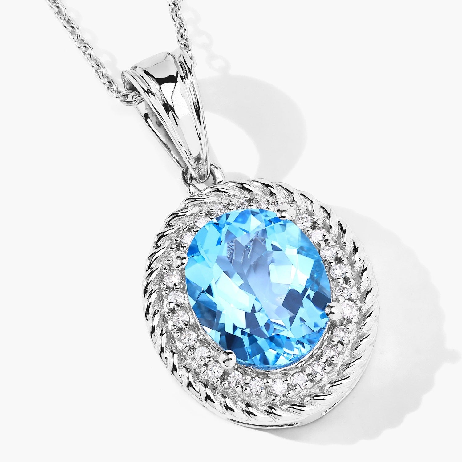 4.16 Ct Genuine Swiss Blue Topaz and Lab Diamond Silver Oval Necklace
