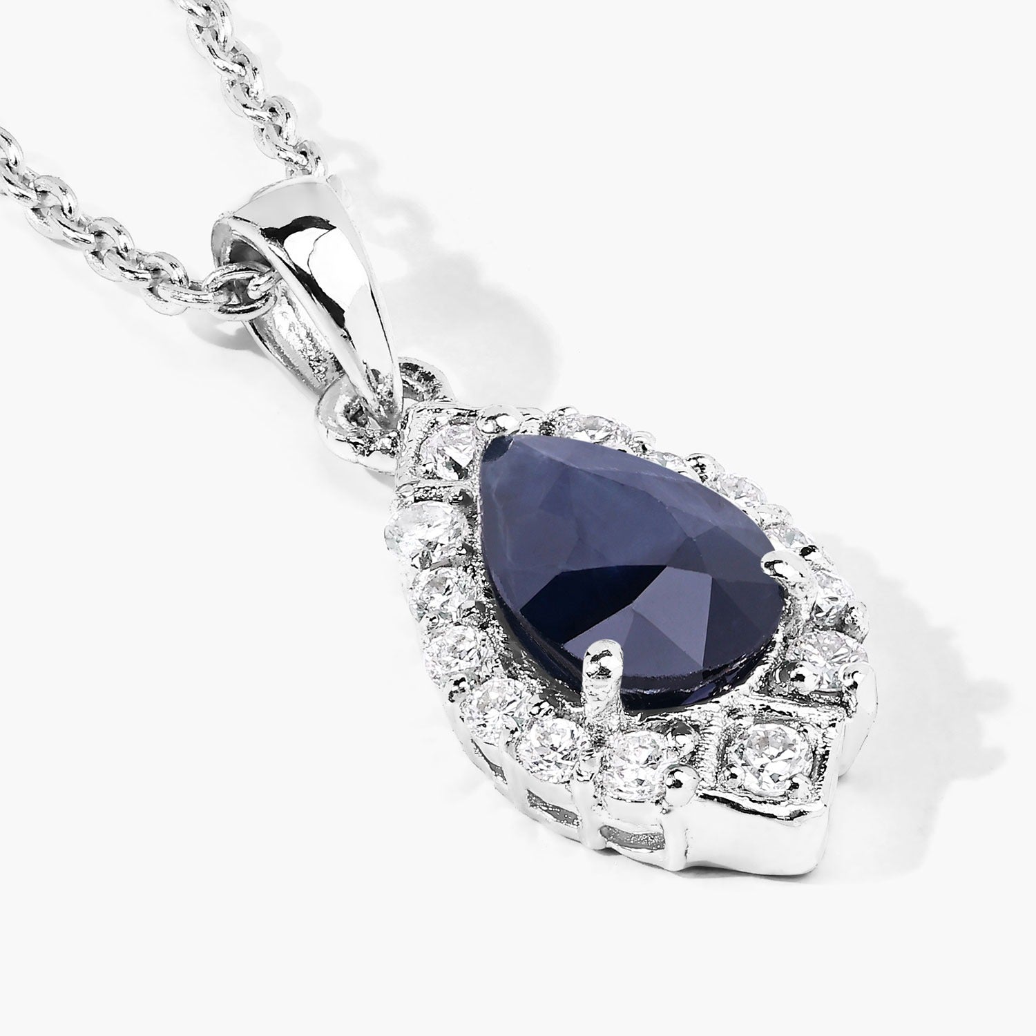 0.97 Ct Genuine Blue Sapphire and Lab Grown Diamond Silver Teardrop Necklace