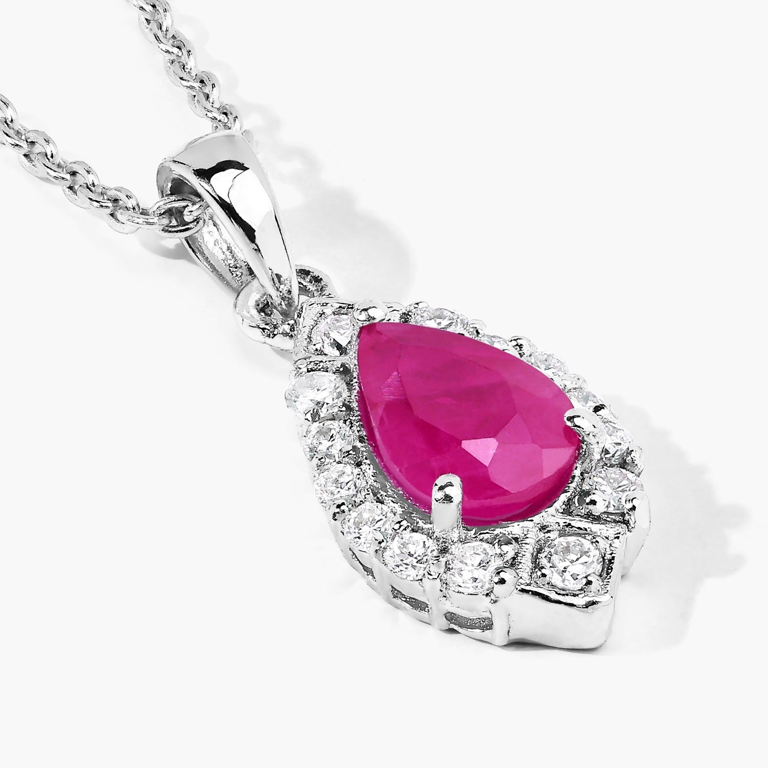 0.97 Ct Genuine Mozambique Ruby and Lab Diamond Silver Teardrop Necklace
