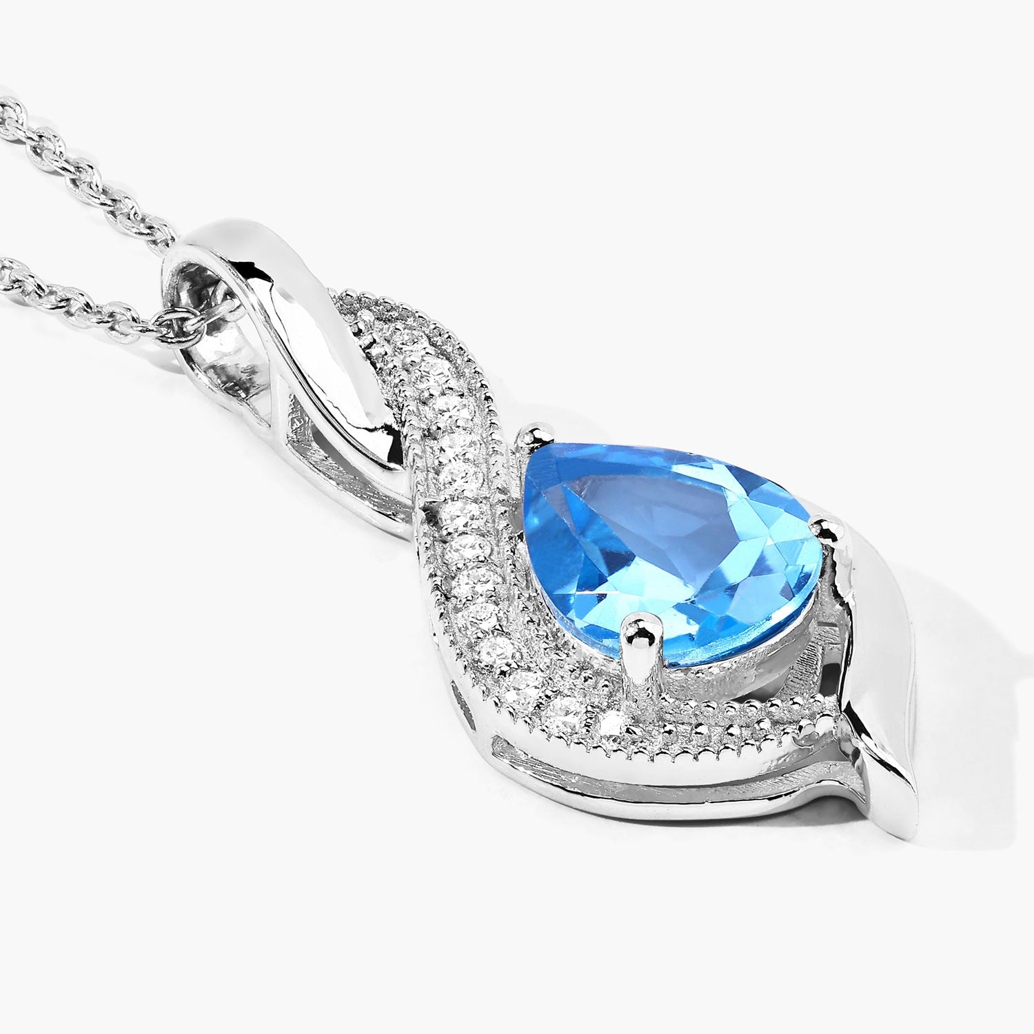 2.02 Ct Genuine Swiss Blue Topaz and Lab Grown Diamond Silver Teardrop Necklace