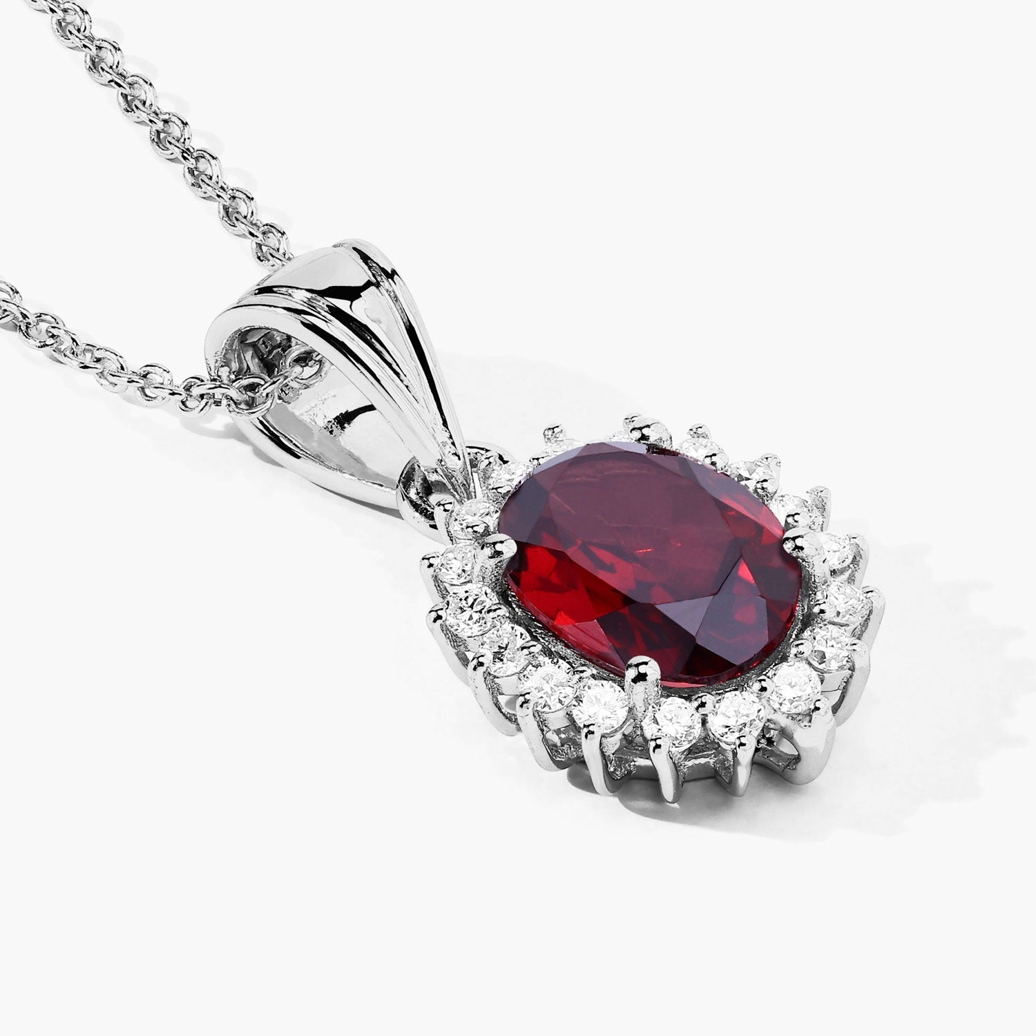 2.27 Carat Genuine Mozambique Garnet and Lab Diamond Silver Halo Necklace