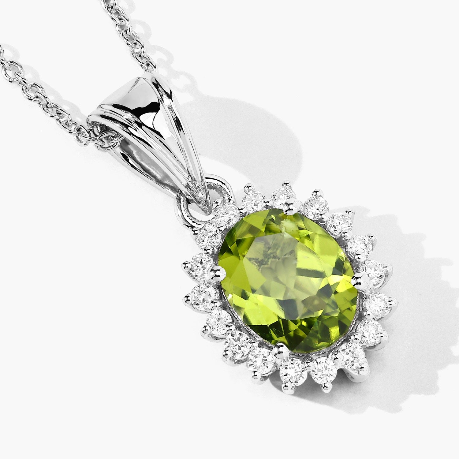 1.97 Carat Genuine Green Peridot and Lab Diamond Silver Halo Necklace