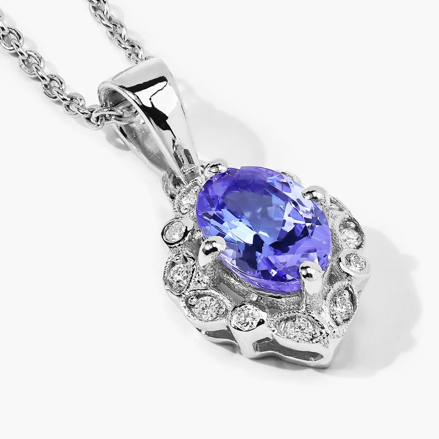 0.81 Ct Genuine Oval Tanzanite and Lab Diamond Silver Halo Necklace