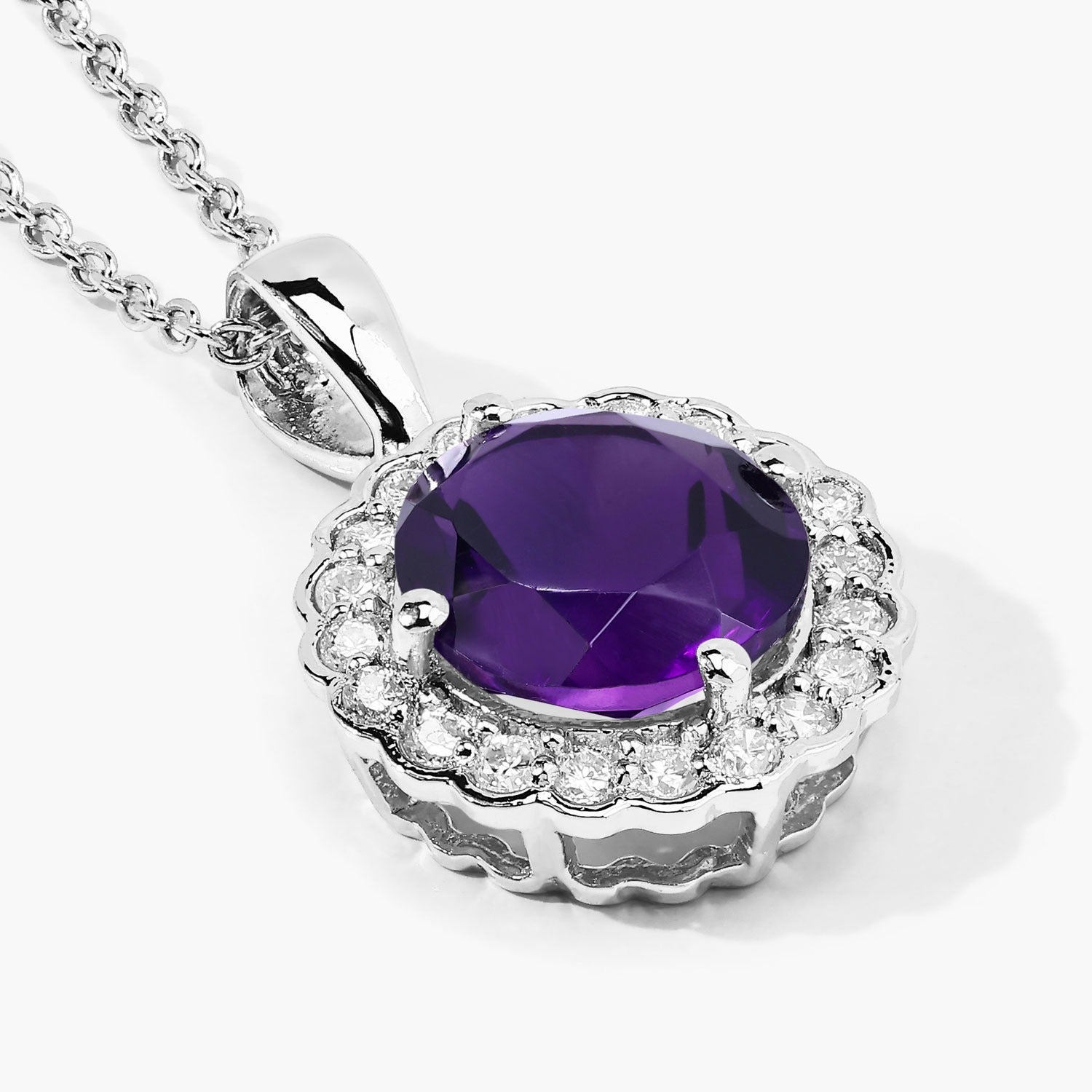 2.70 Ct Genuine Purple Amethyst and Lab Diamond Silver Halo Necklace