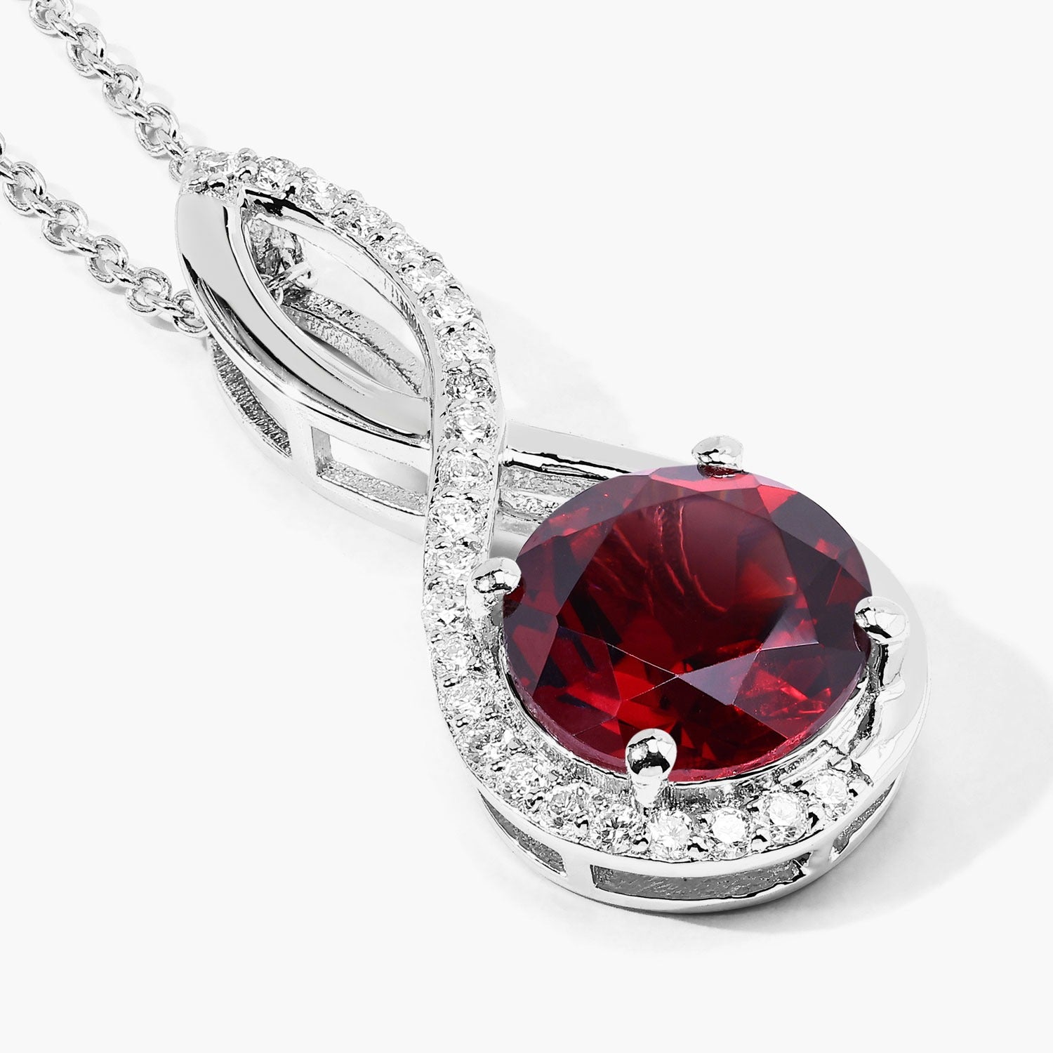 3.49 Ct Genuine Mozambique Garnet and Lab Diamond Silver Infinity Necklace