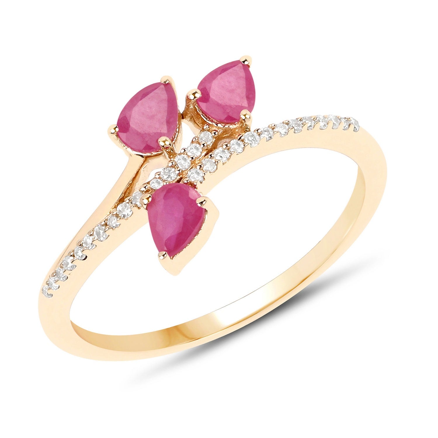 0.68 Ct Pear Shaped Pink Ruby and White Diamond Prong 14K Yellow Gold Bypass Toi et Moi Ring