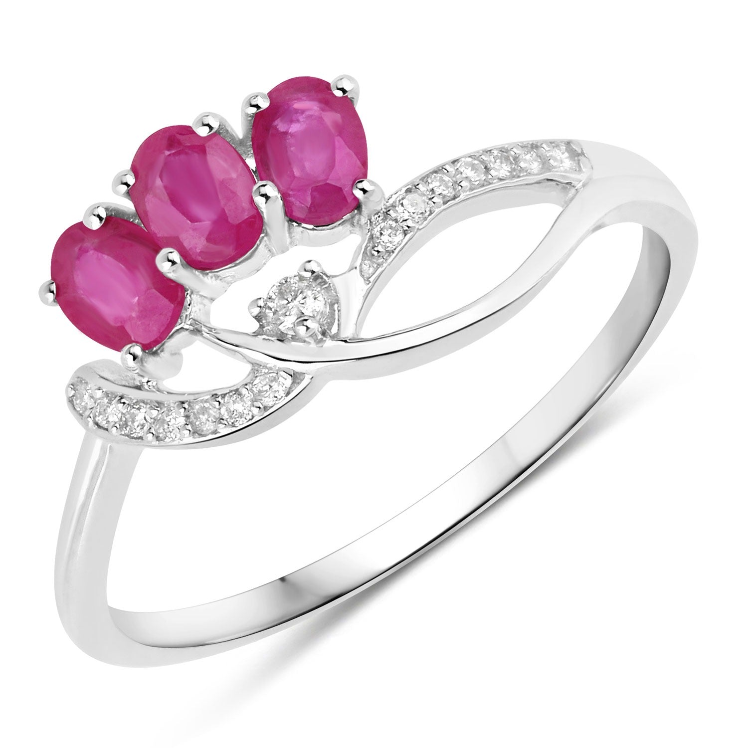 0.72 Ct Oval Shaped Pink Ruby and White Diamond Prong 14K White Gold Three Stone Knot Ring
