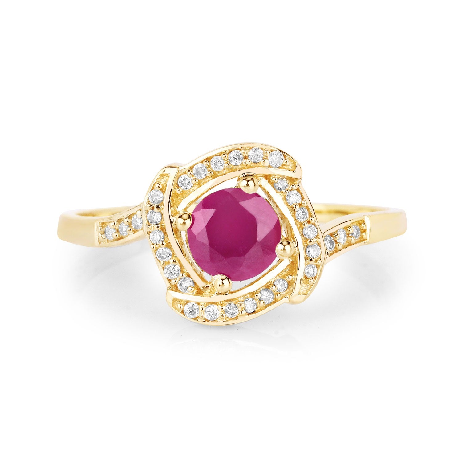 0.63 Ct Round Cut Pink Ruby and White Diamond 14K Yellow Gold Halo Bypass Ring