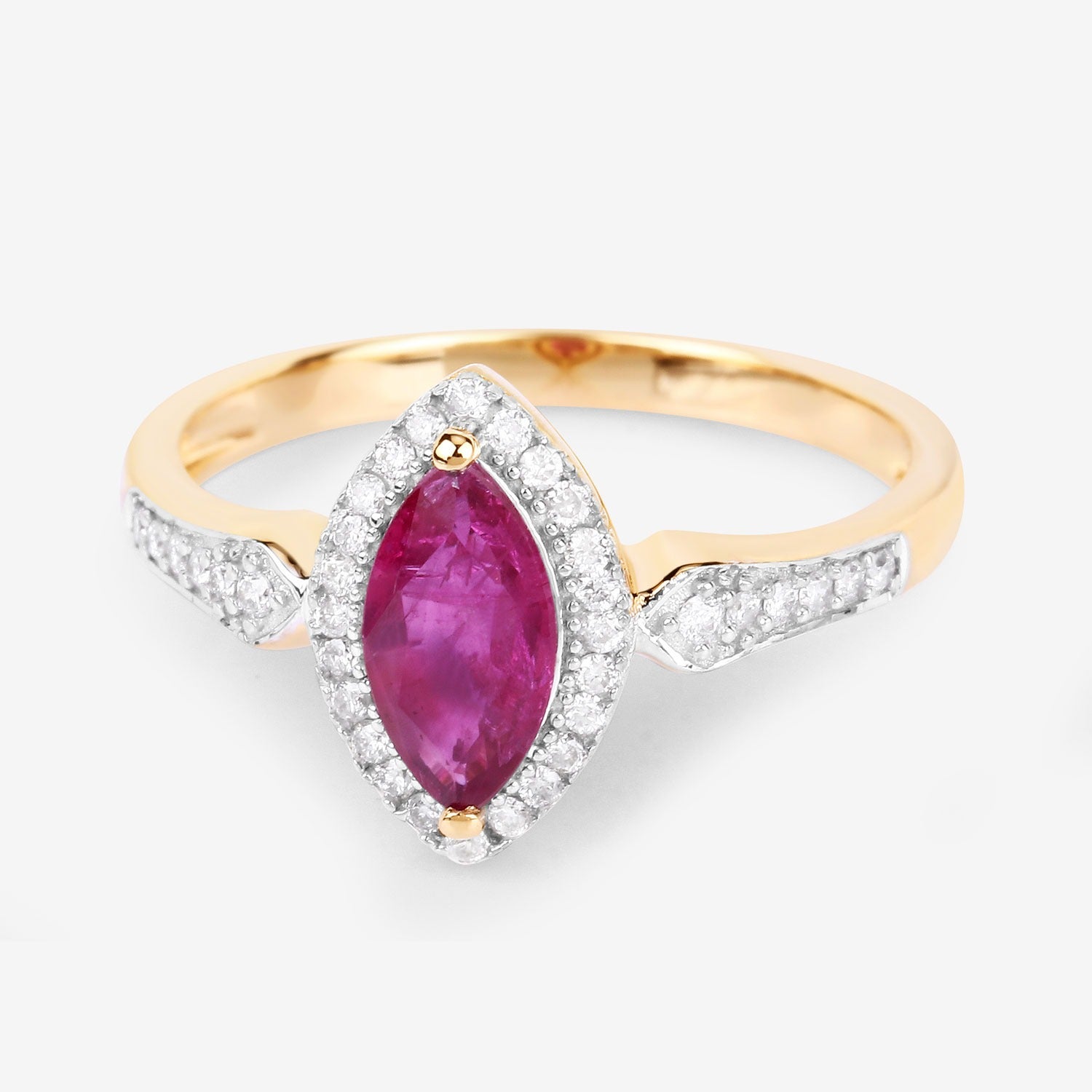 1.14 Ct Marquise Cut Pink Ruby and White Diamond Prong 14K Yellow Gold Halo Pave Ring