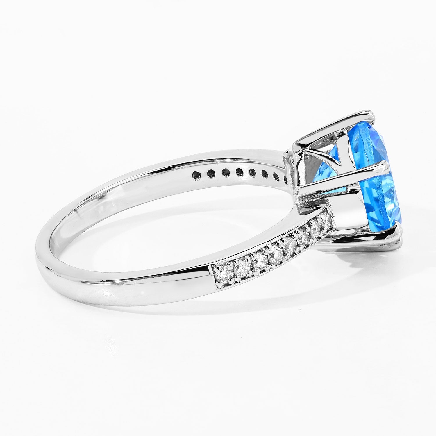 3.91 Ct Genuine Swiss Blue Topaz and Lab Diamond Silver Round Bridge Ring Fine Color Jewels