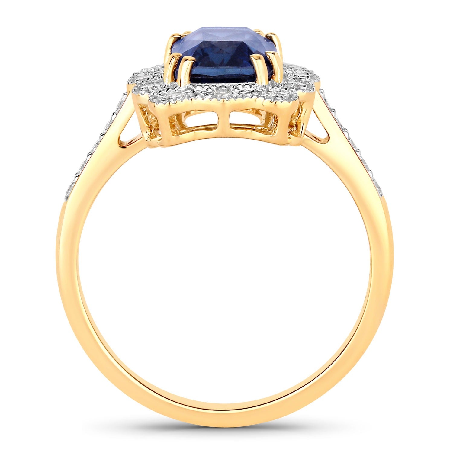 3.21 Ct Cushion Ceylon Blue Sapphire and White Diamond Prong 18K Gold Pave Halo Statement Ring