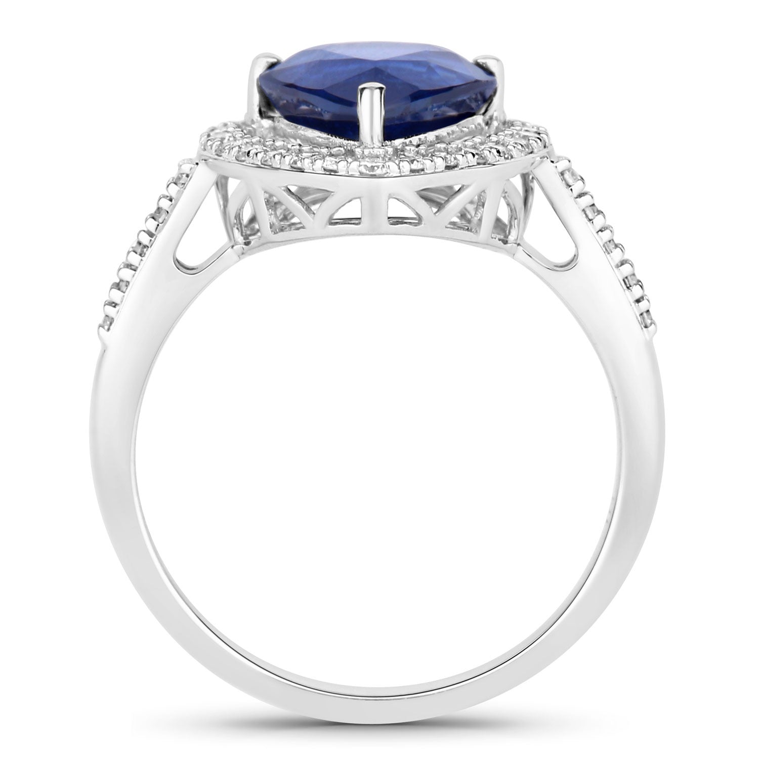 3.47 Ct Pear Ceylon Blue Sapphire and White Diamond Prong 18K White Gold Pave Halo Statement Ring