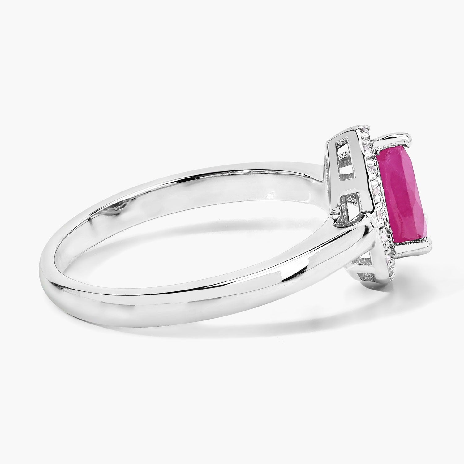 0.94 Ct Pear Pink Ruby and Lab Diamond Sterling Silver Prong Halo Ring