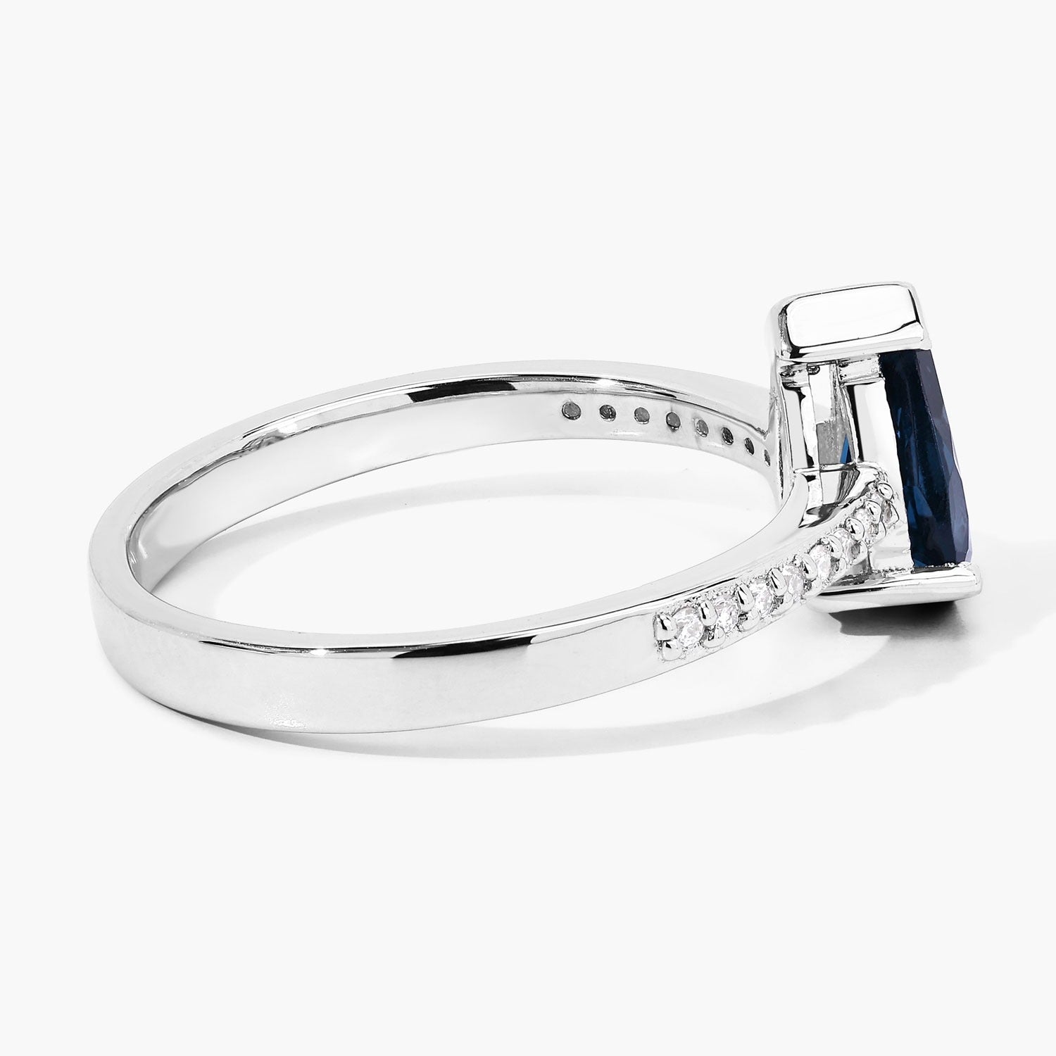 1 Ct Pear London Blue Topaz Lab Diamond V-Prong Silver Pave Bridge Ring