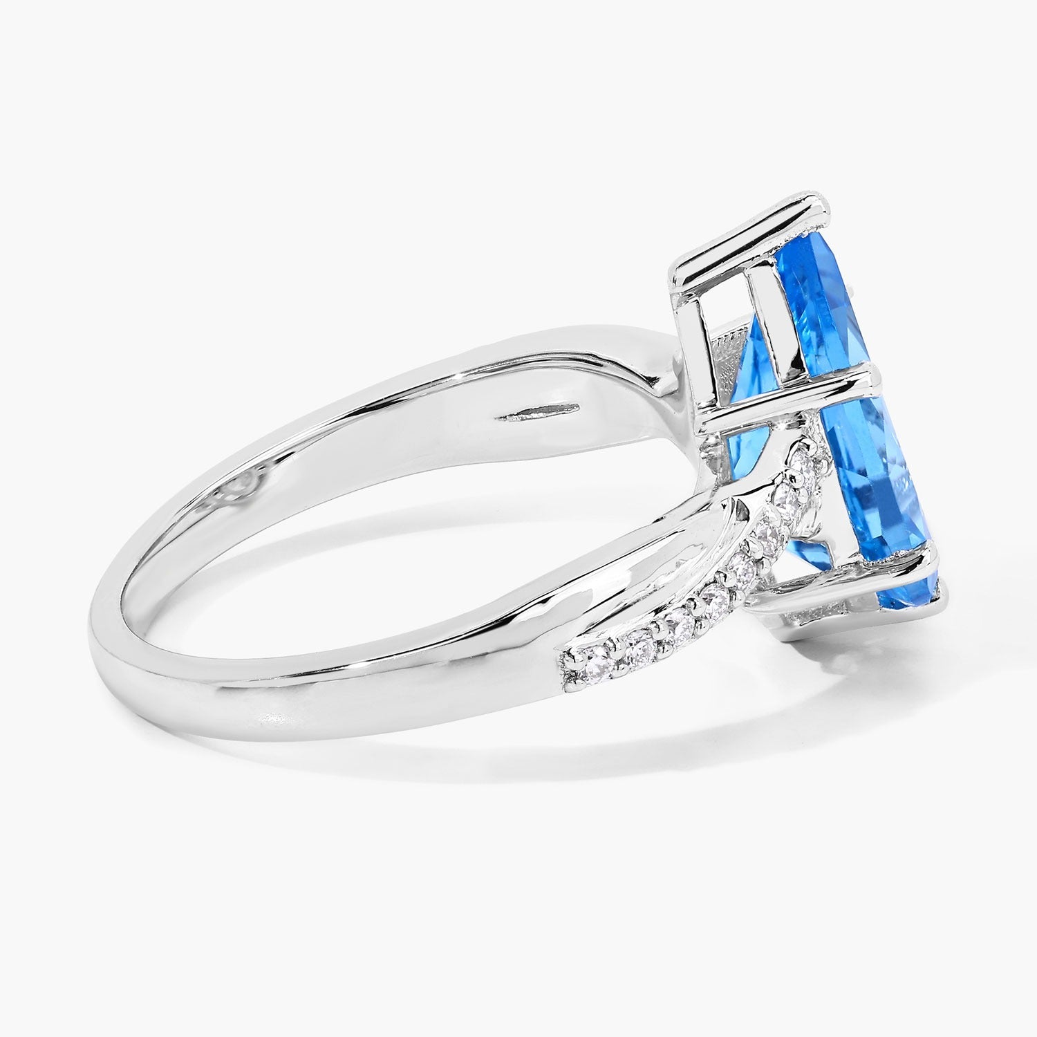 3.50 Ct Pear Swiss Blue Topaz & Lab Diamond Prong Silver Pave Bypass Ring