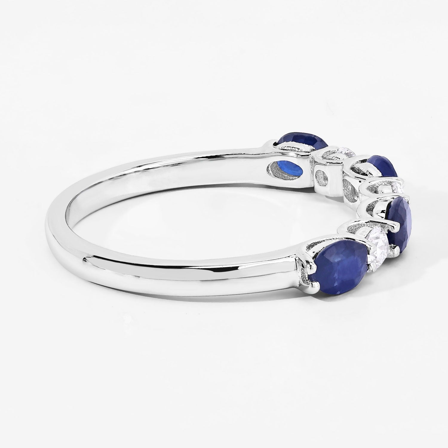 0.88 Ct Oval Blue Sapphire & Lab Diamond Prong Silver Half Eternity Seven Stone Ring