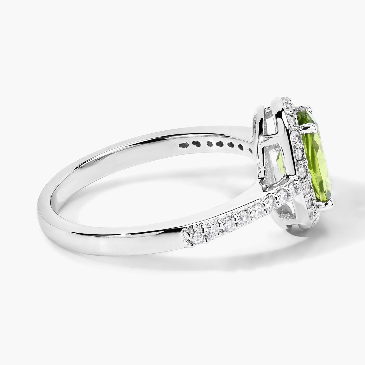 1.10 Ct Oval Green Peridot and Lab Diamond Prong Silver Halo Pave Ring