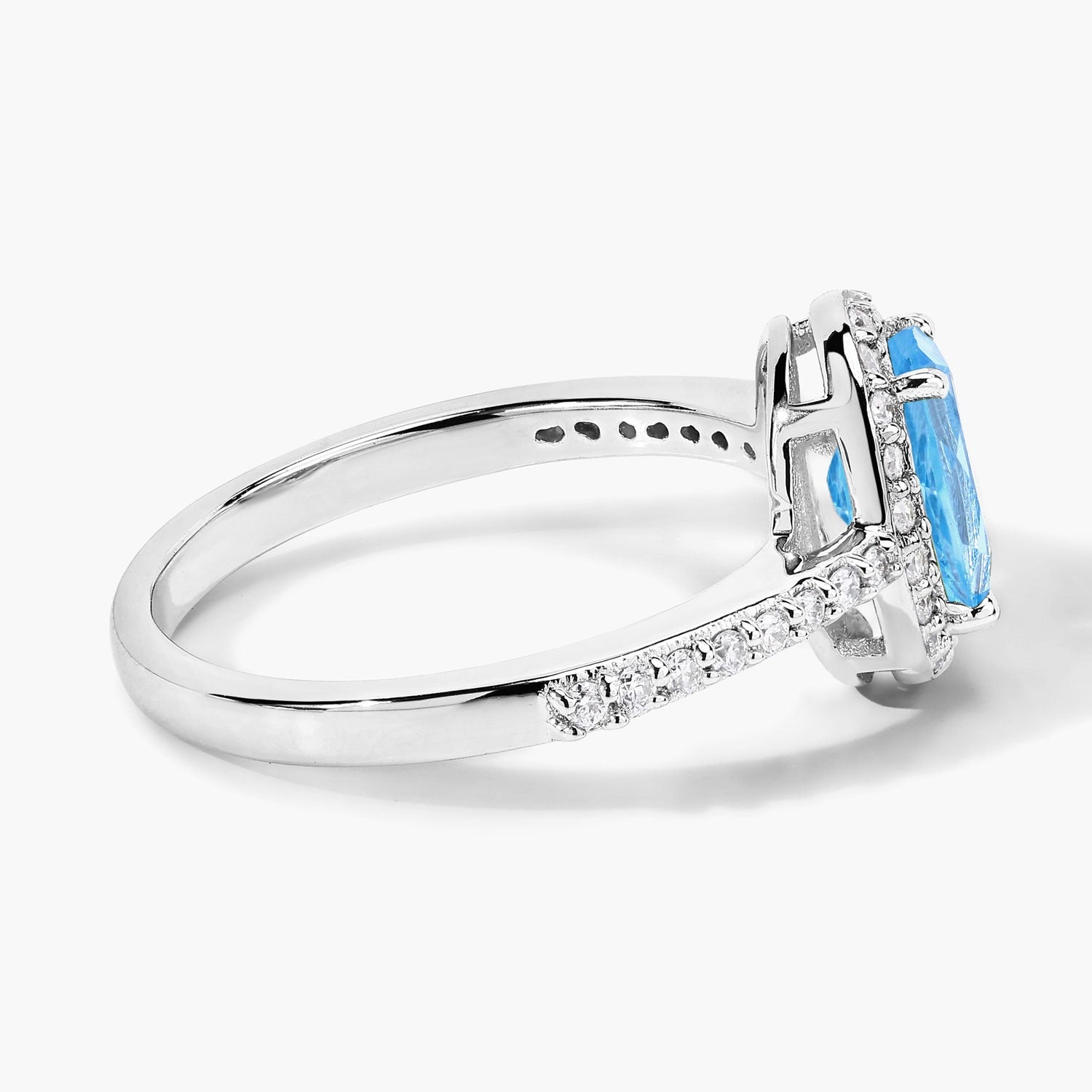 1.60 Ct Oval Swiss Blue Topaz and Lab Diamond Prong Silver Halo Pave Ring