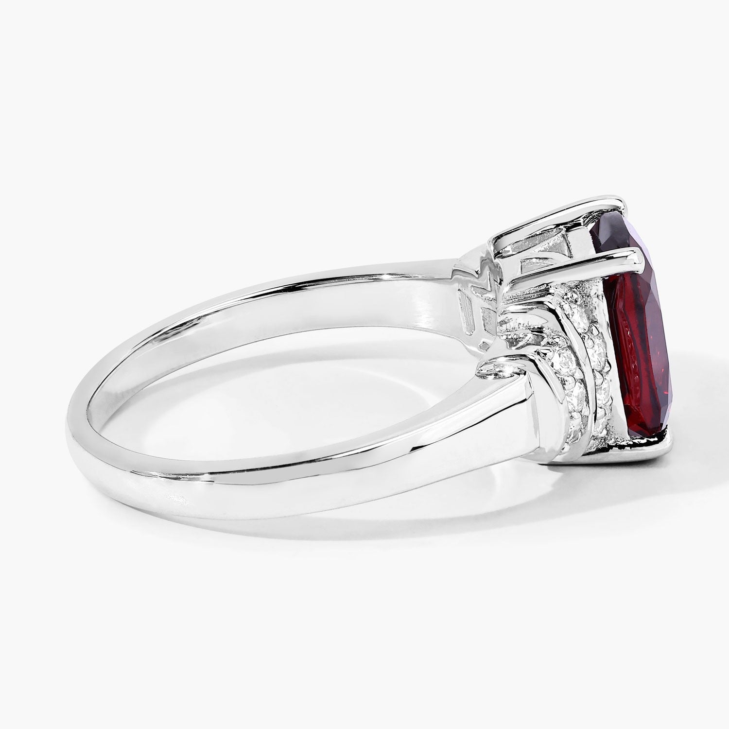 2.58 Ct Genuine Mozambique Garnet and Lab Diamond Silver Cushion Ring