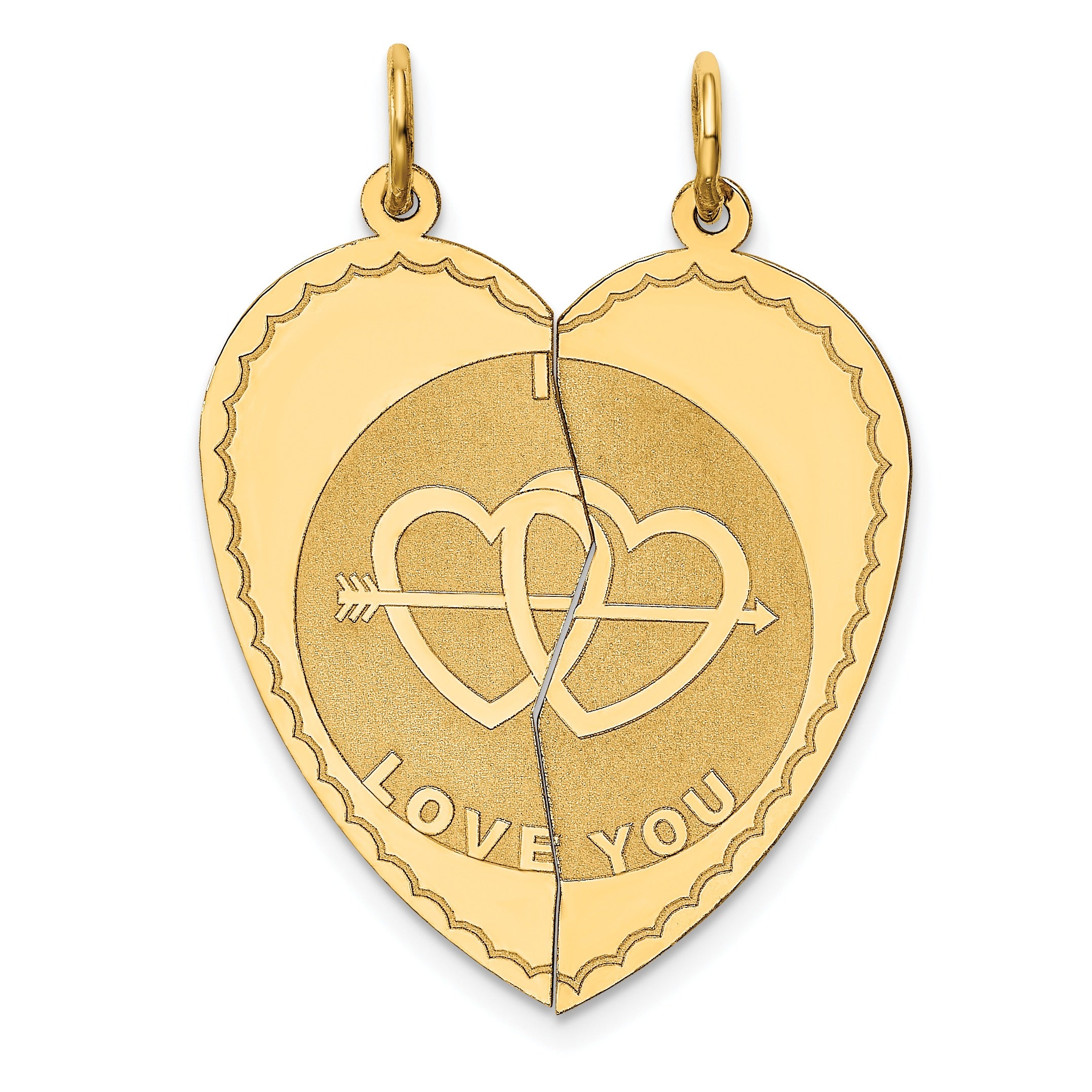 Gold heart-shaped split pendant with two interlocking hearts and arrow, engraved Love You