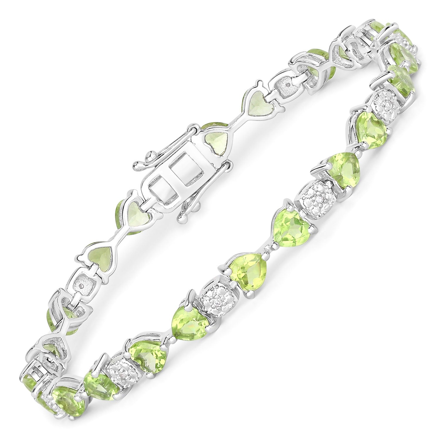 Sterling silver bracelet with heart-shaped green gemstones and diamond accents, Fine Color Jewels
