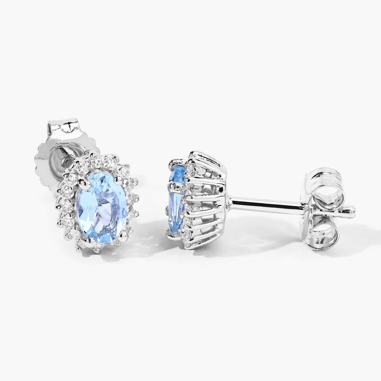 Genuine Aquamarine Lab Diamond Silver Halo Earrings