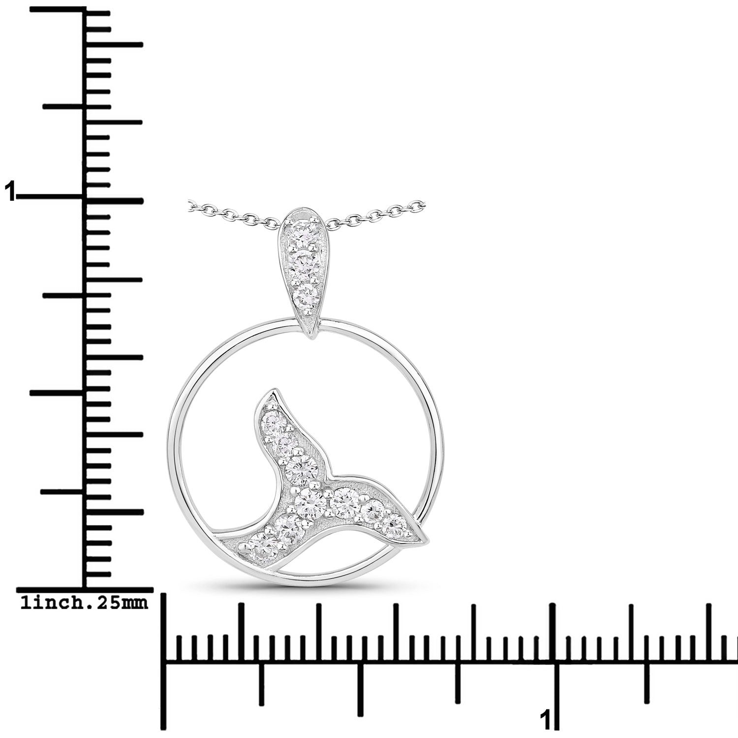0.34 Cttw Round Lab Diamond Rhodium Plated Silver Whale Tail Circle Pendant Necklace