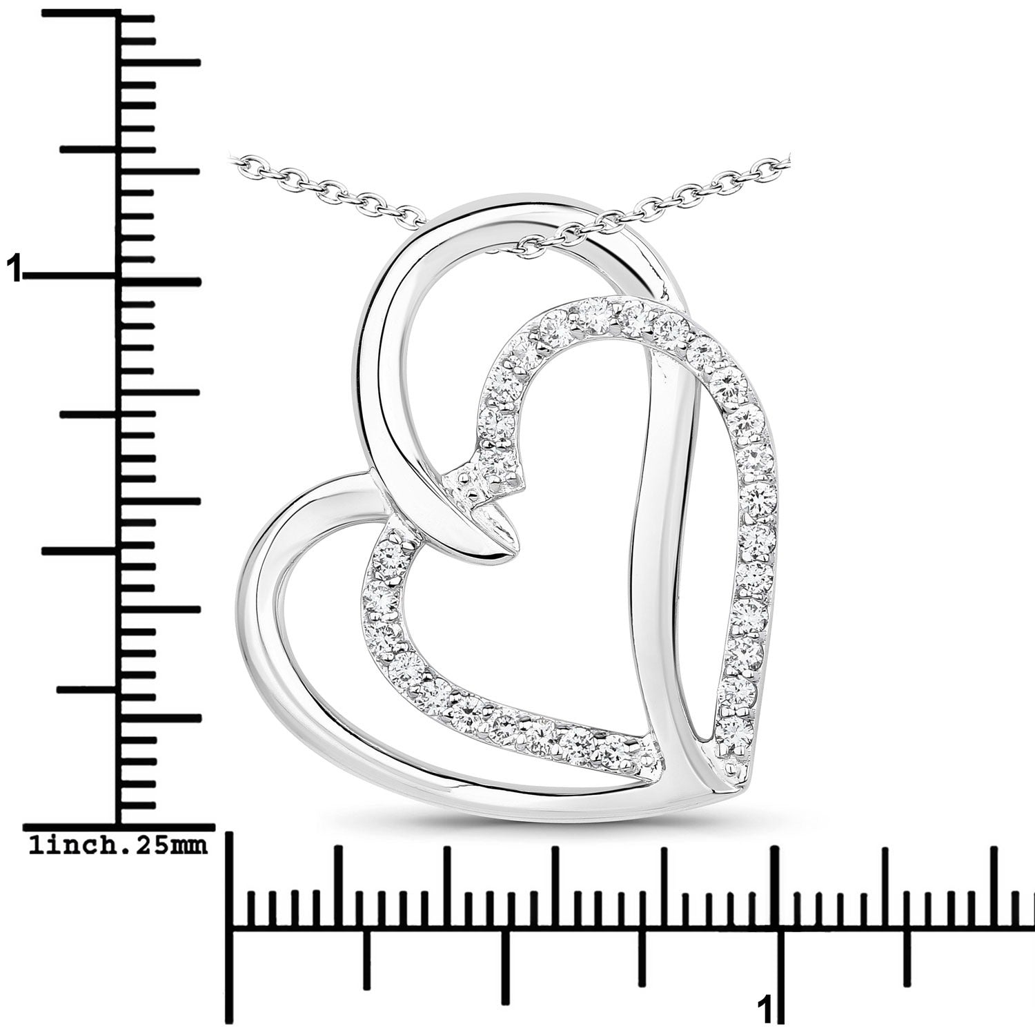 0.52 Cttw Round Lab Diamond Rhodium Plated Silver Intertwined Double Heart Pendant Necklace