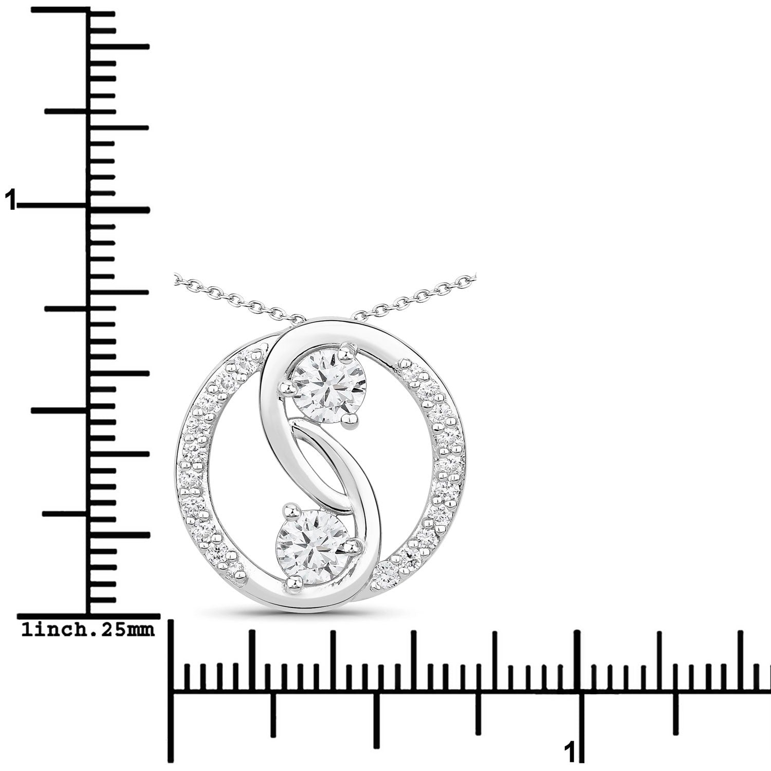 1 Cttw Round Lab Diamond Rhodium Plated Silver Two Stone Swirl Circle Pendant Necklace