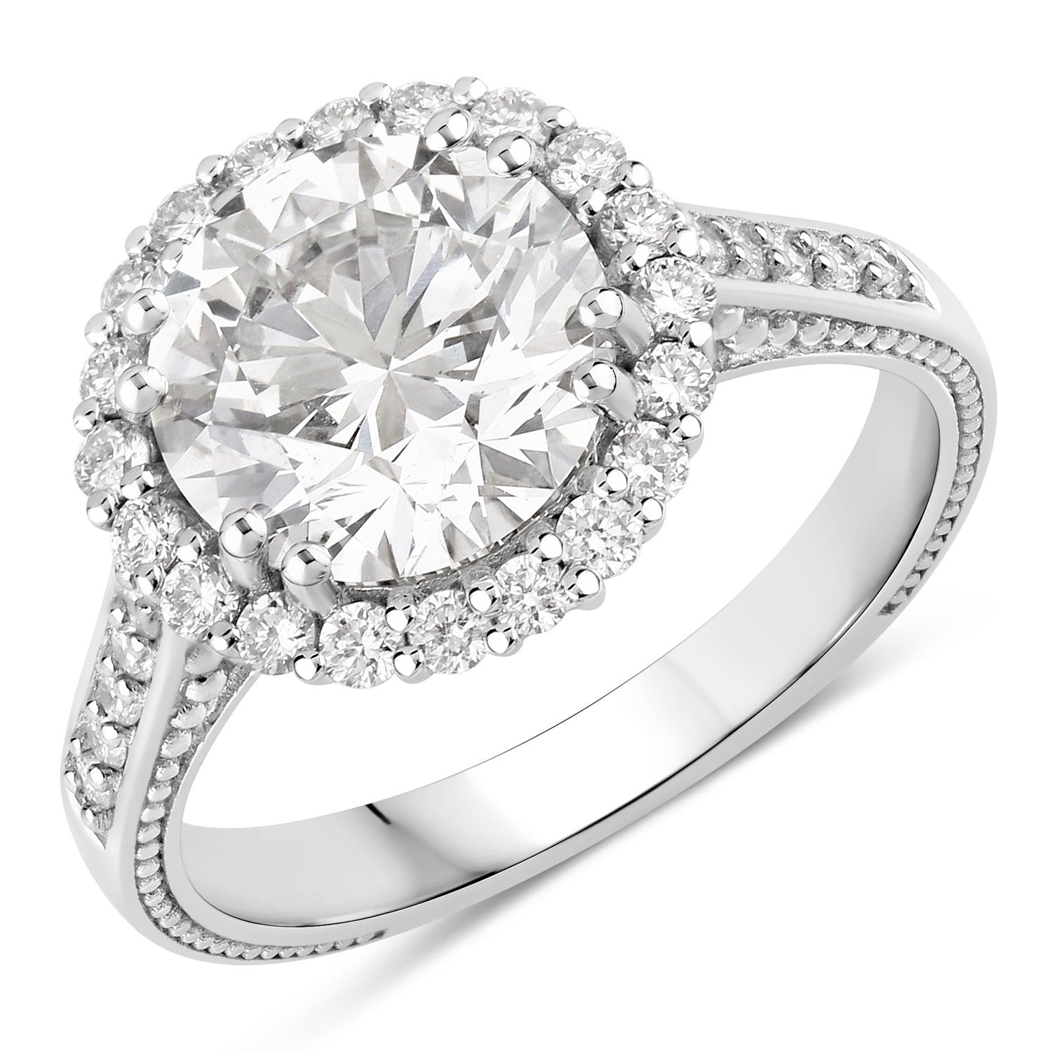 3.64 Ct Round Lab Diamond Platinum Bridal Halo Pave Cathedral Ring