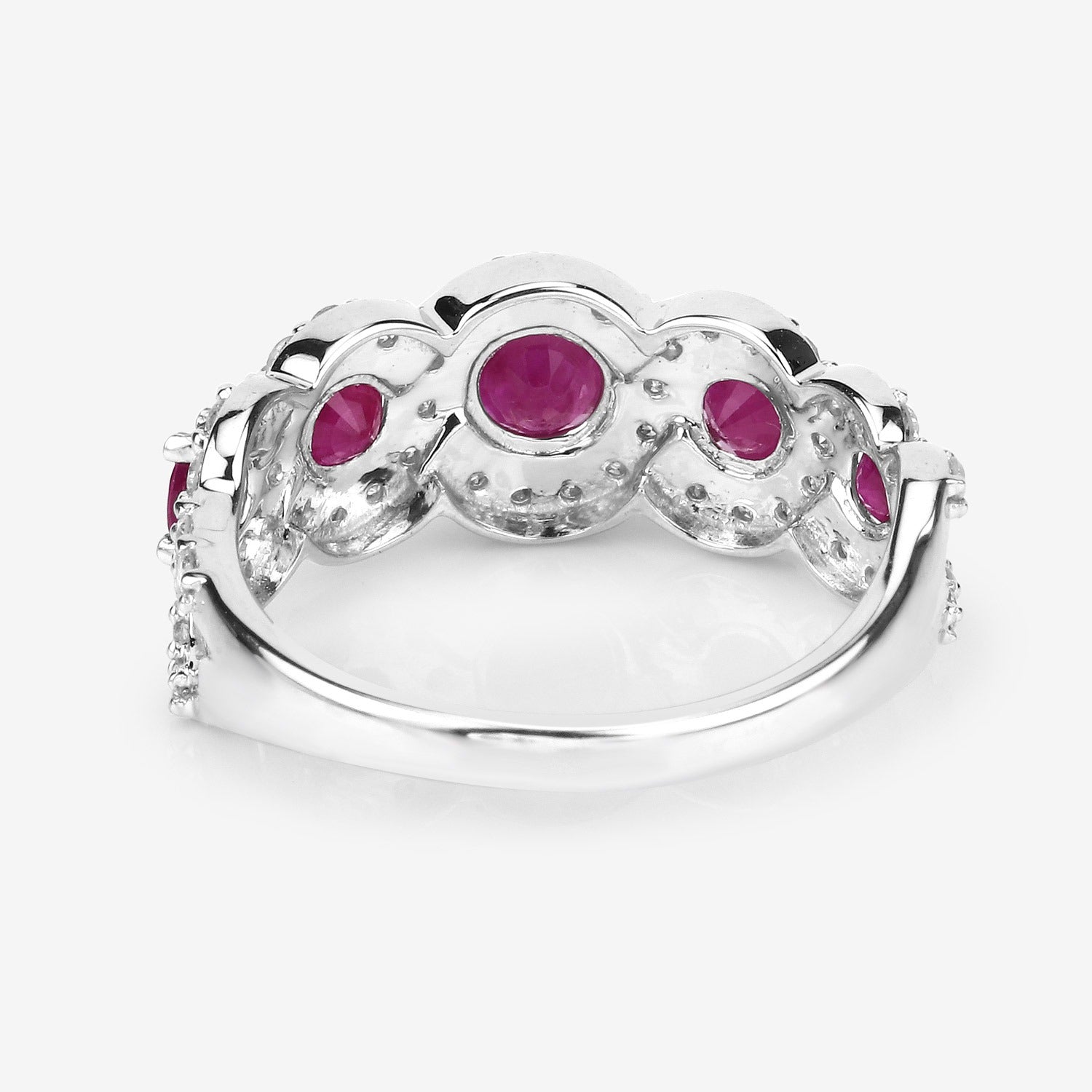 1.99 Ct Round Cut Pink Ruby and White Diamond Prong 14K White Gold Five Stone Halo Ring