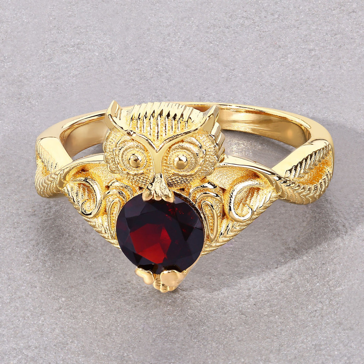 1.00 Cttw Round Red Garnet 18K Yellow Gold over Silver Owl Ring
