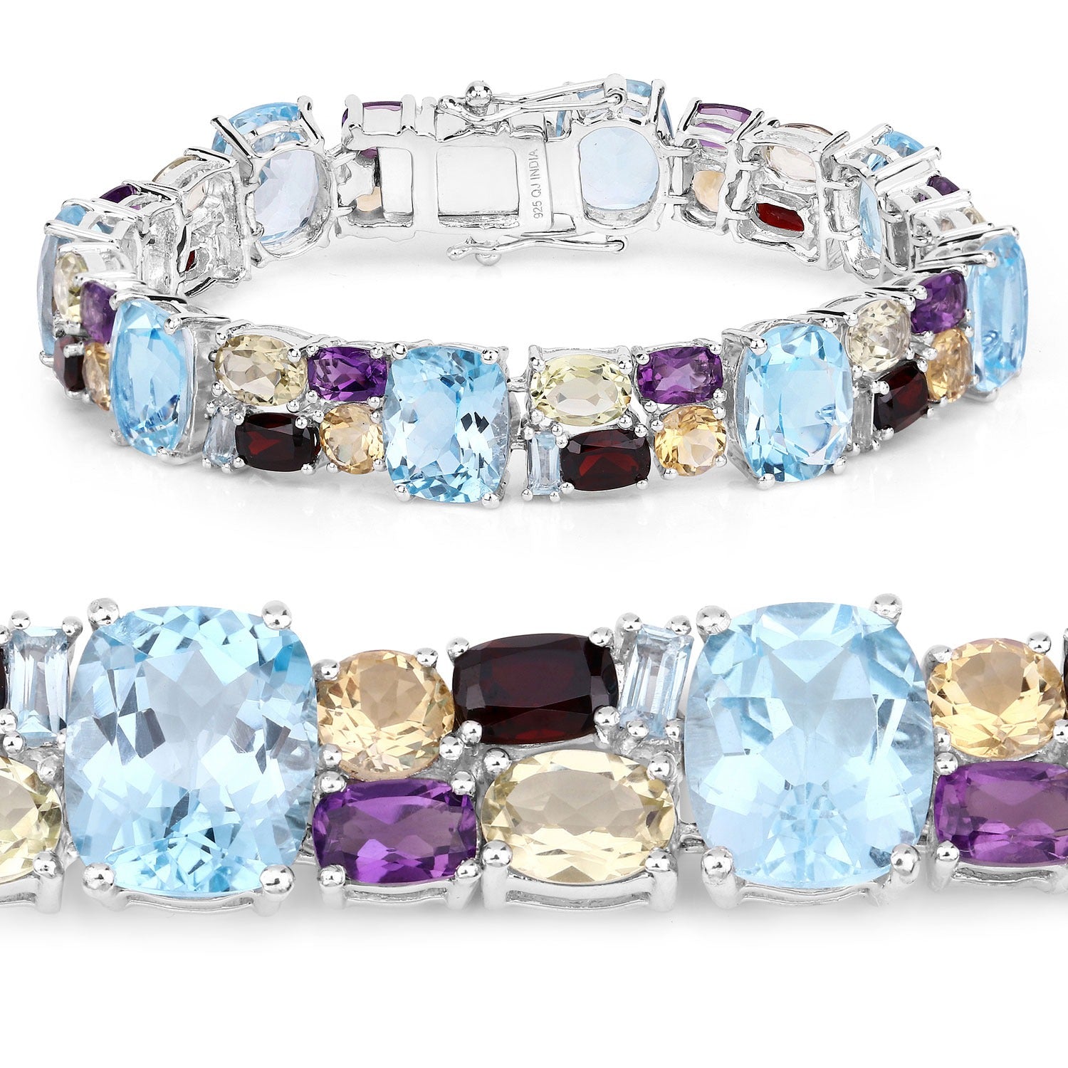 51.36 Ct Multi-Gemstone Prong 925 Sterling Silver Tennis Bracelet