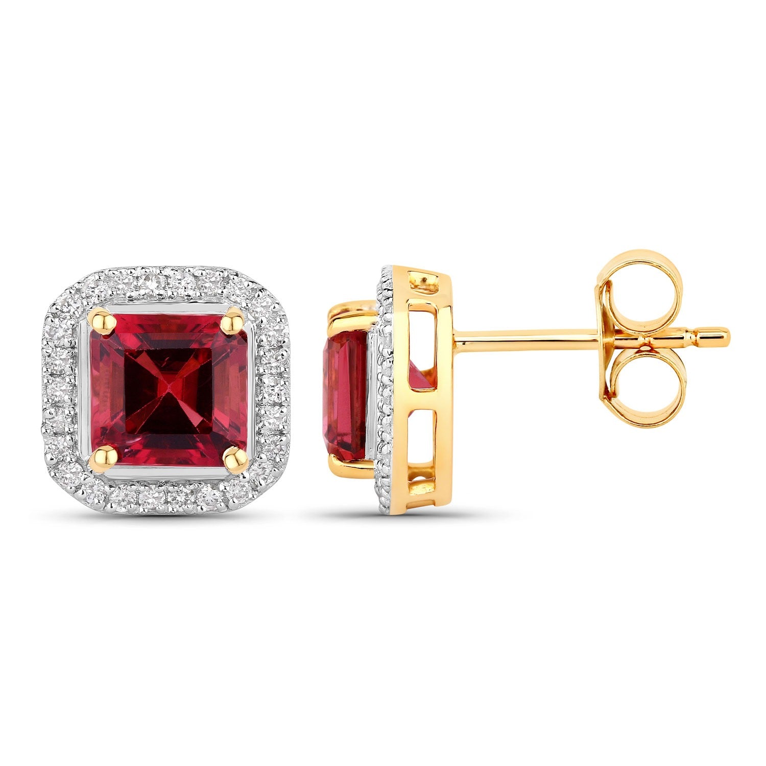 Red Rubellite and White Diamond 14K Gold Stud Earrings