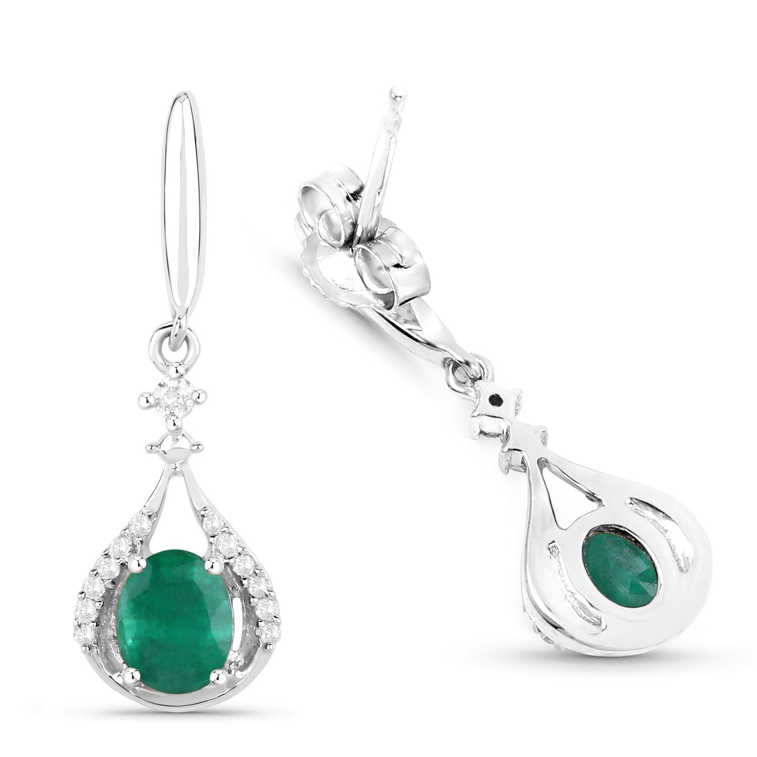 0.60 Ct Oval Green Zambian Emerald & Diamond Prong 14K White Gold Drop Dangle Earrings
