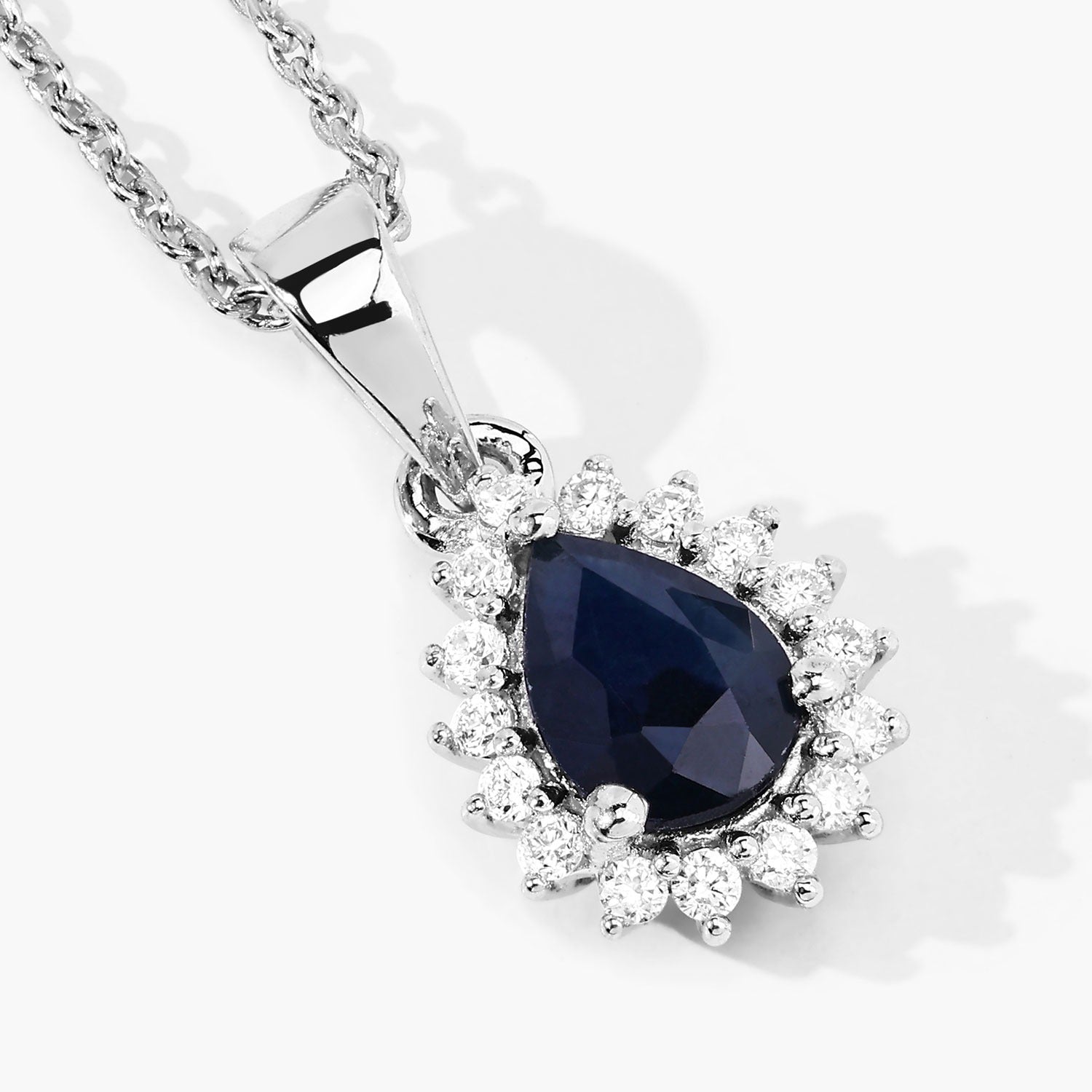 Genuine Blue Sapphire and Lab Diamond 925 Silver Pendant Necklace Fine Color Jewels